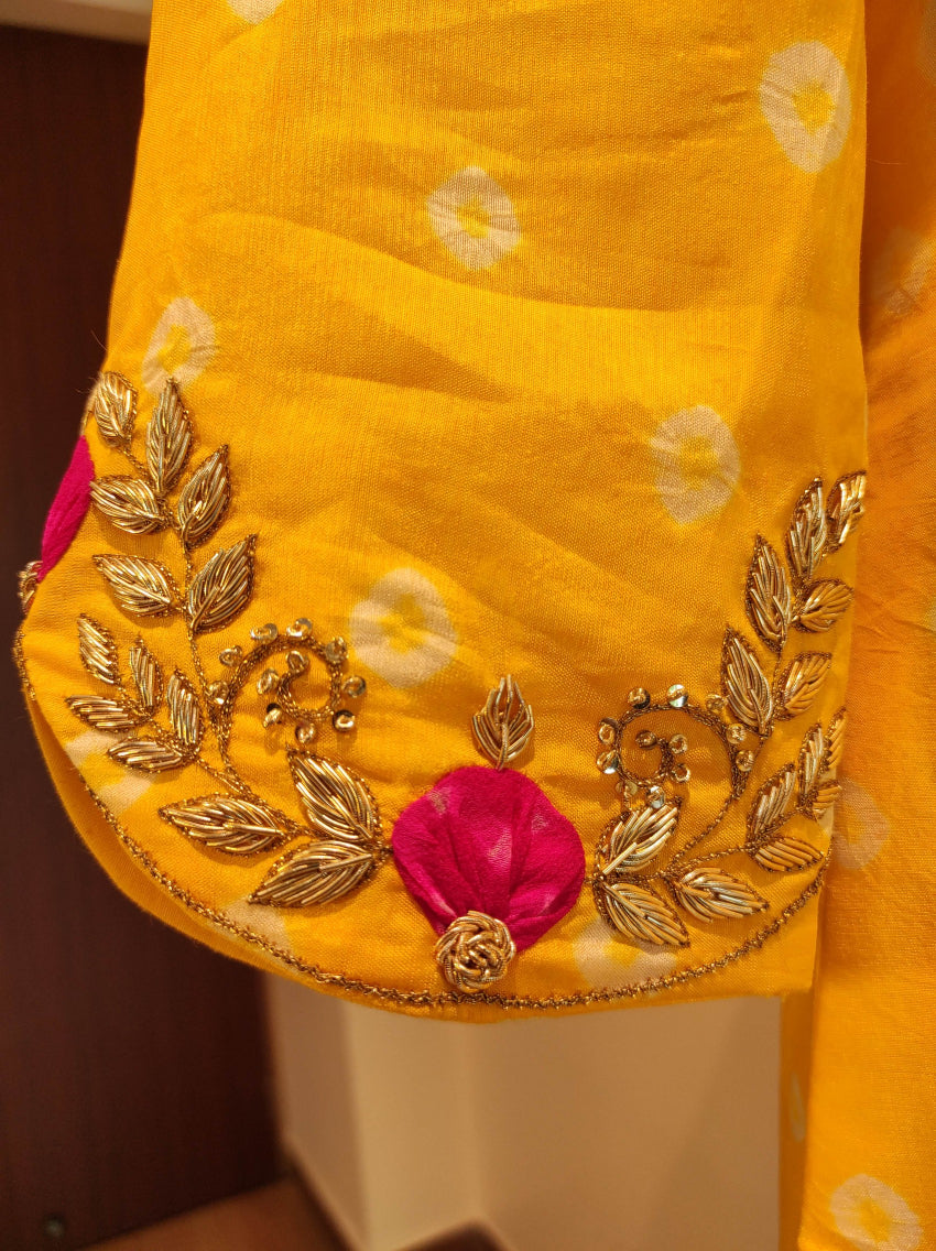 Yellow bandhani kurta pant with mothda dupatta