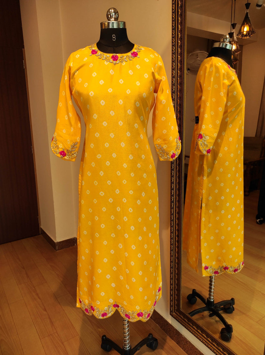 Yellow bandhani kurta pant with mothda dupatta