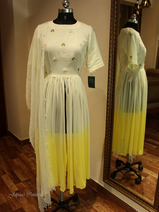 Off white lemon yellow shaded kurta pants dupatta