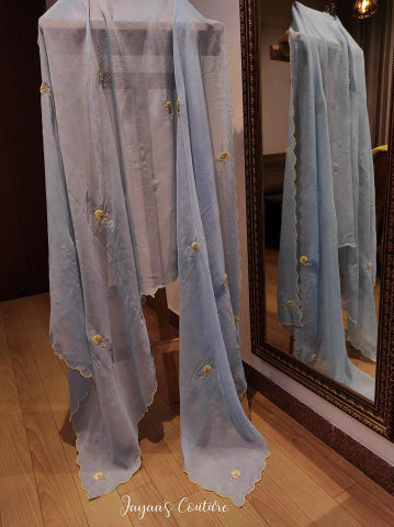 Grey Organza Thread Work Scalps Dupatta