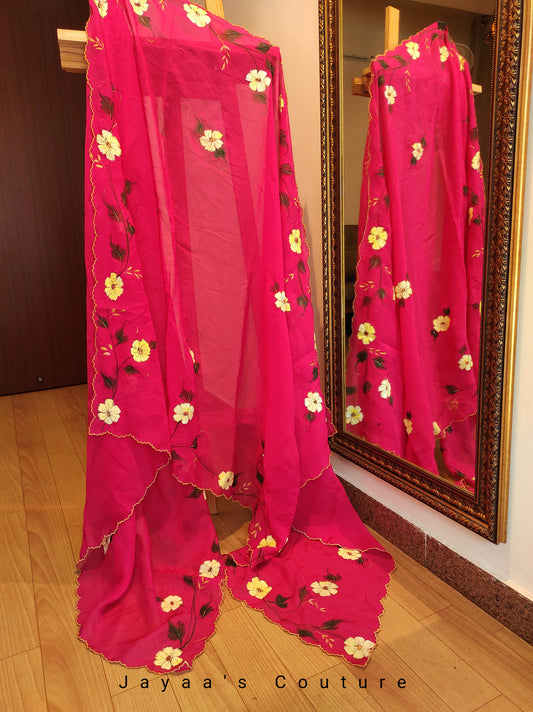 Dark pink hand painted dupatta