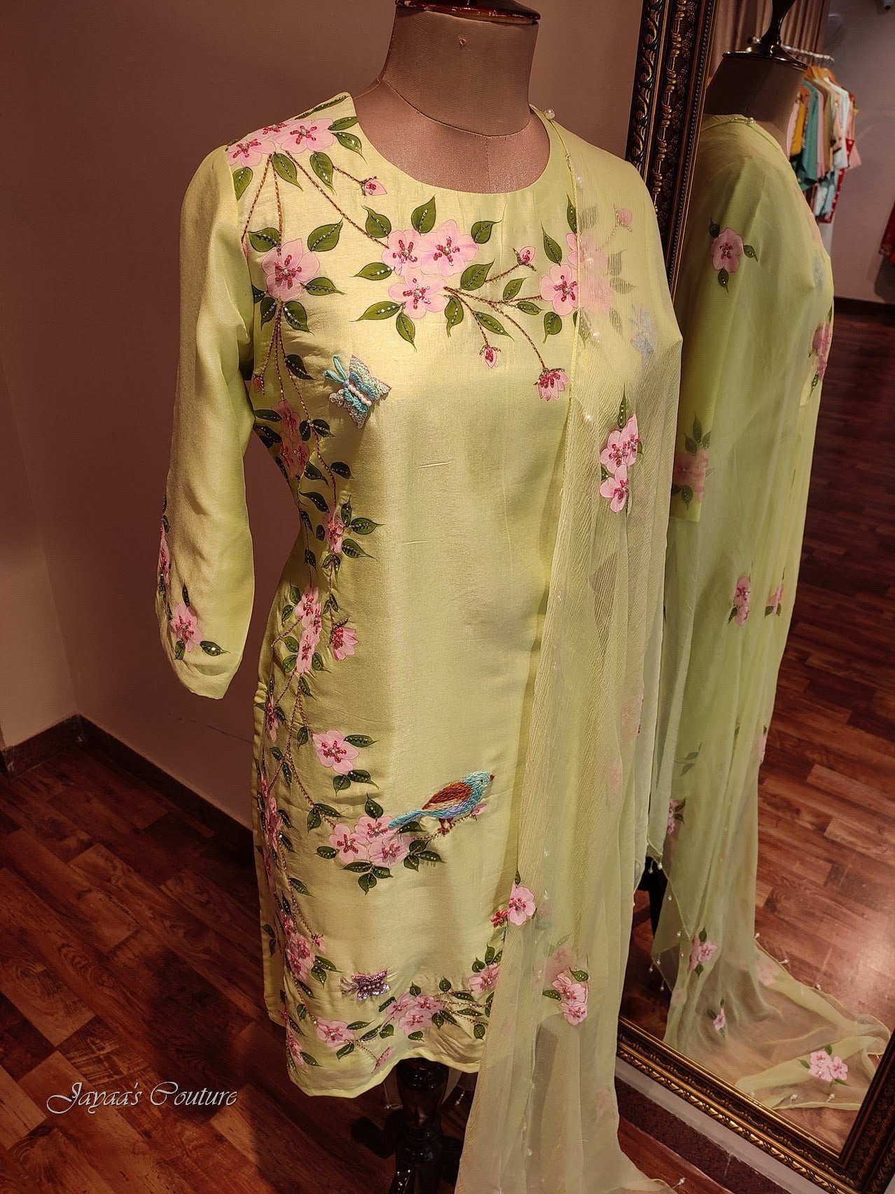 pista green hand painted embroidered kurta pants with dupatta