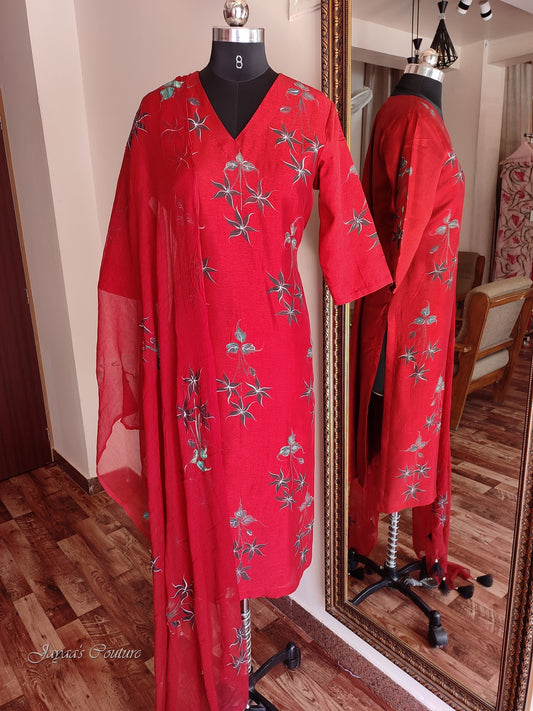 red hand painted kurta with pants and dupatta