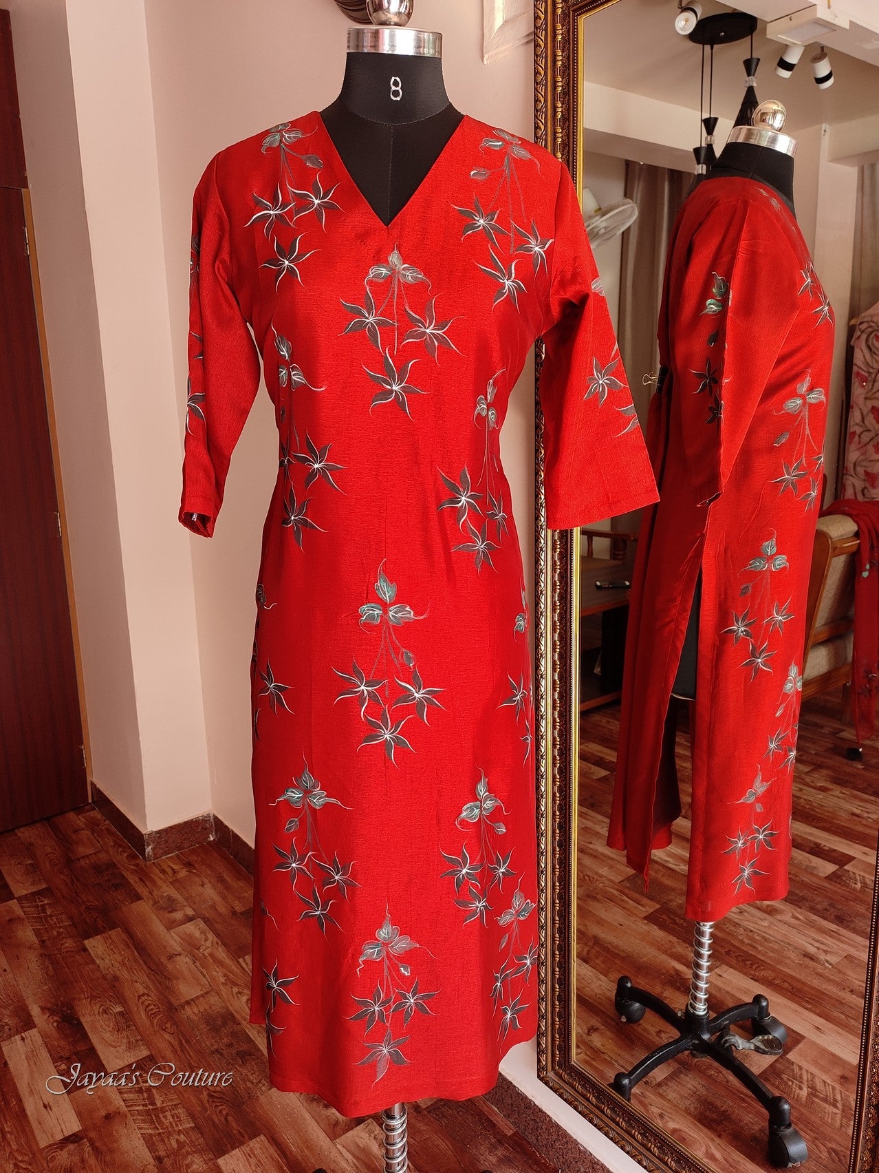 red hand painted kurta with pants and dupatta