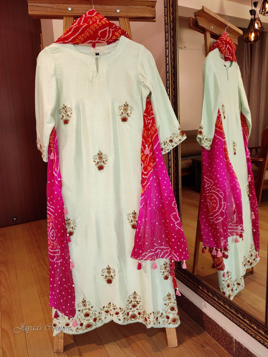 Pastel sea green kurta with pants & dupatta