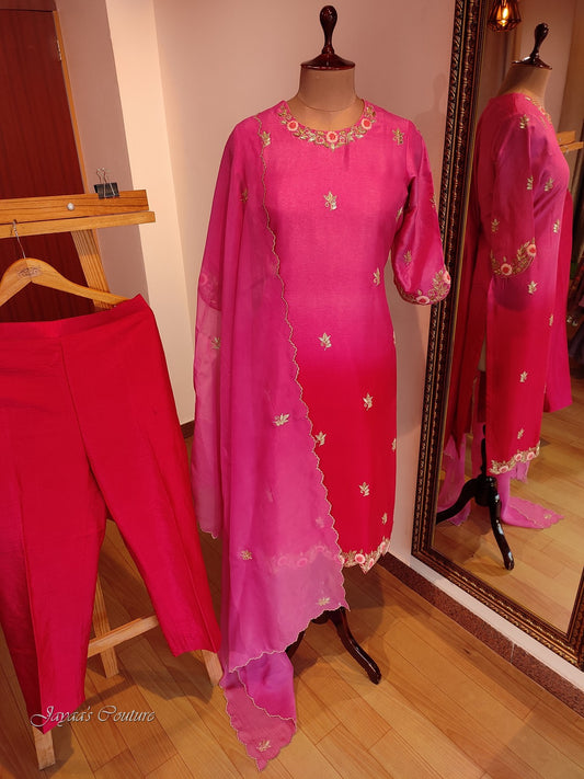 Fusia pink and red shaded kurta pants dupatta