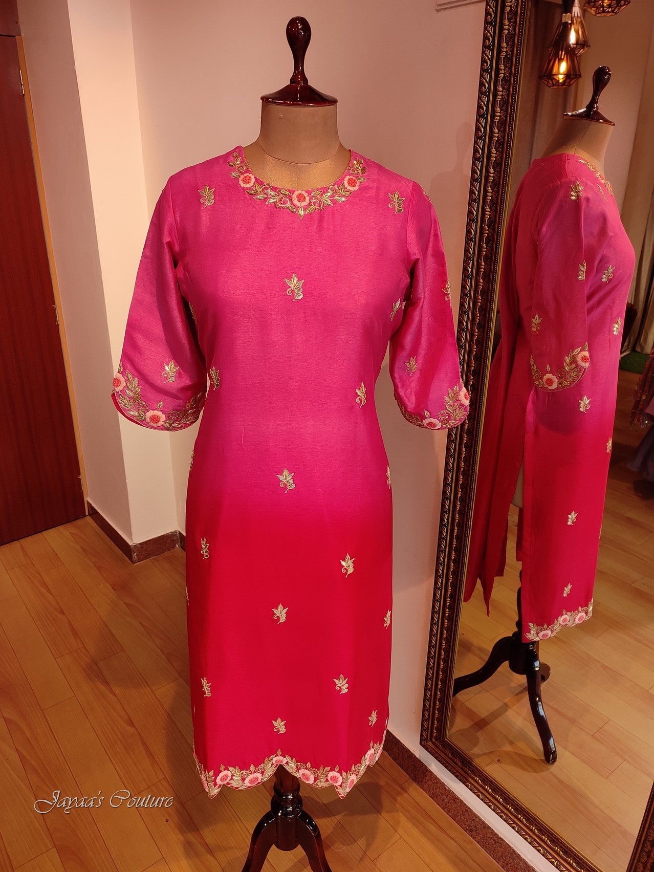 Fusia pink and red shaded kurta pants dupatta