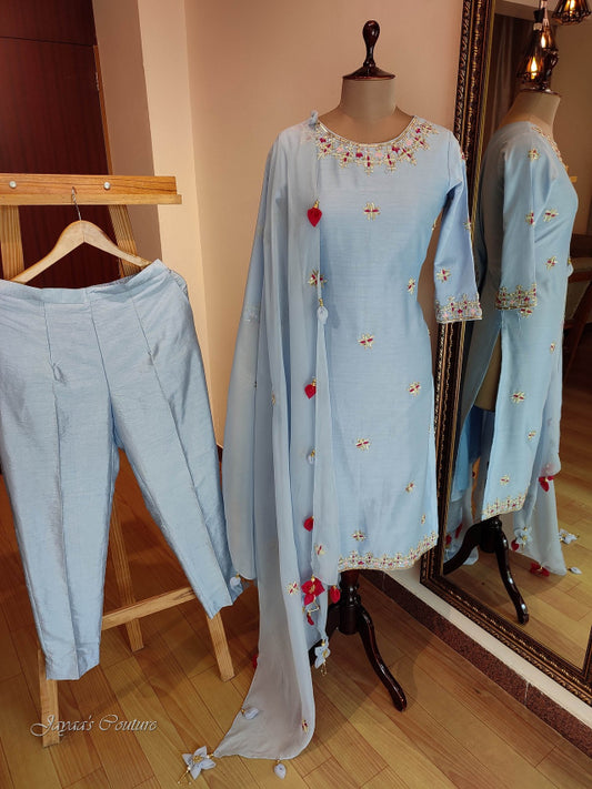 Powder blue kurta pants with dupatta