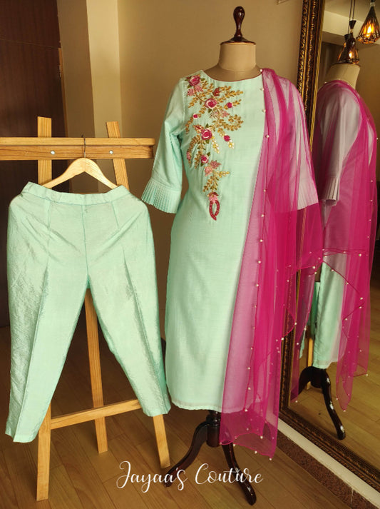 Pastel sea green kurta pants and dupatta