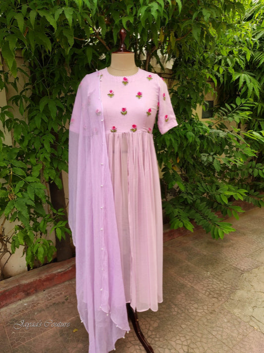 Lavender pleated kurta with pant & dupatta