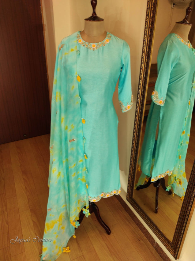 Pastel sky blue kurta pant with tie & dupatta