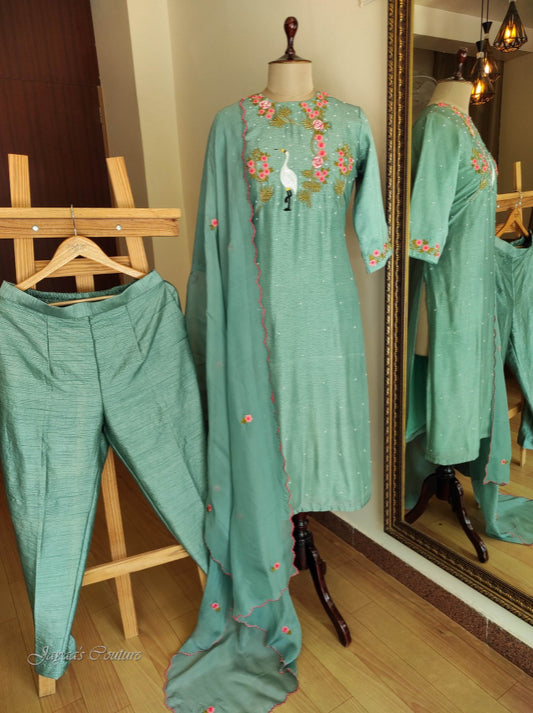 Greenish grey kurta pant with dupatta.