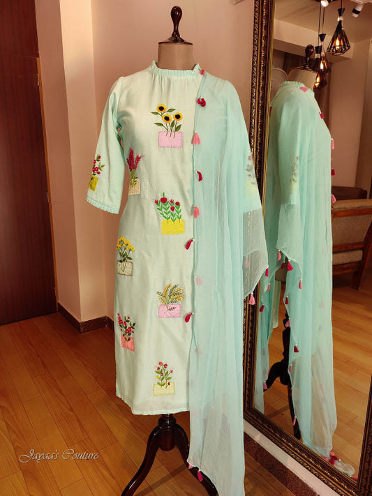 Pastel sea green patch work kurta pants & dupatta