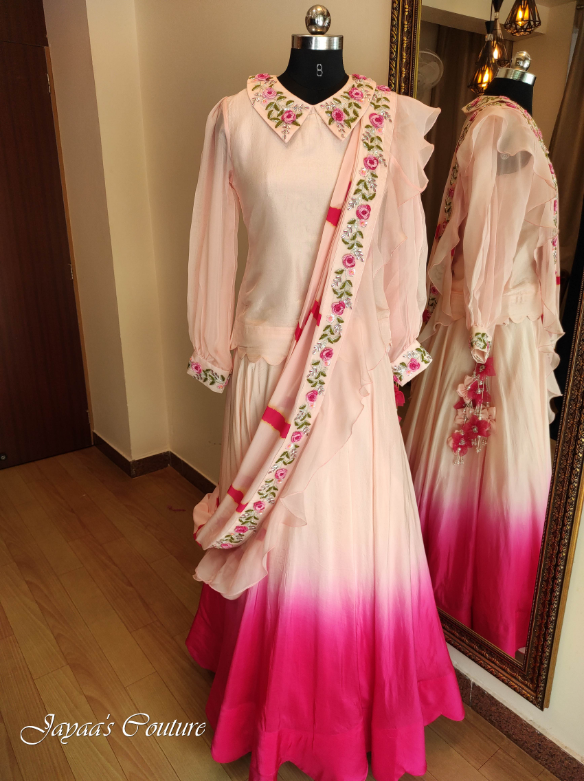 Peach top & ombre skirt with draped dupatta
