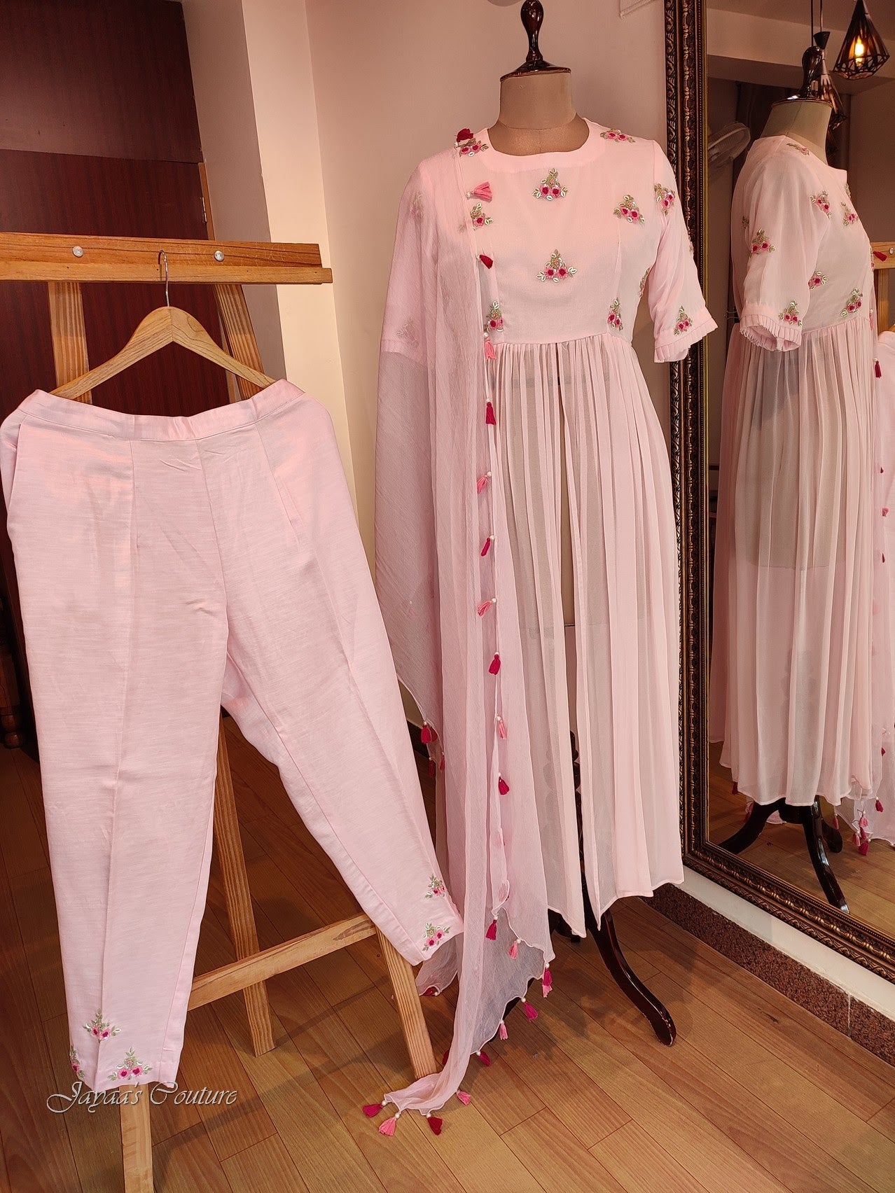 pastel pink pleated kurta with pants and dupatta