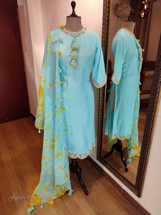 Pastel Sky Blue Kurta Pant With Tie & Dupatta