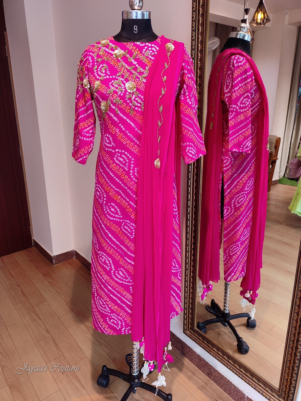 Rani bandhej kurta pant with dupatta