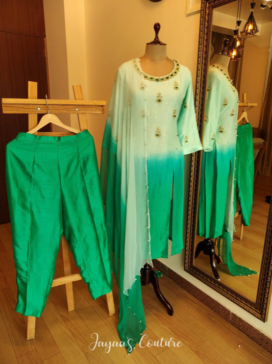 Pastle sea green ombre kurta pants dupatta