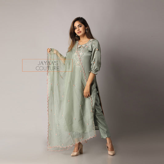 Pastel Dusty green kurta pants dupatta