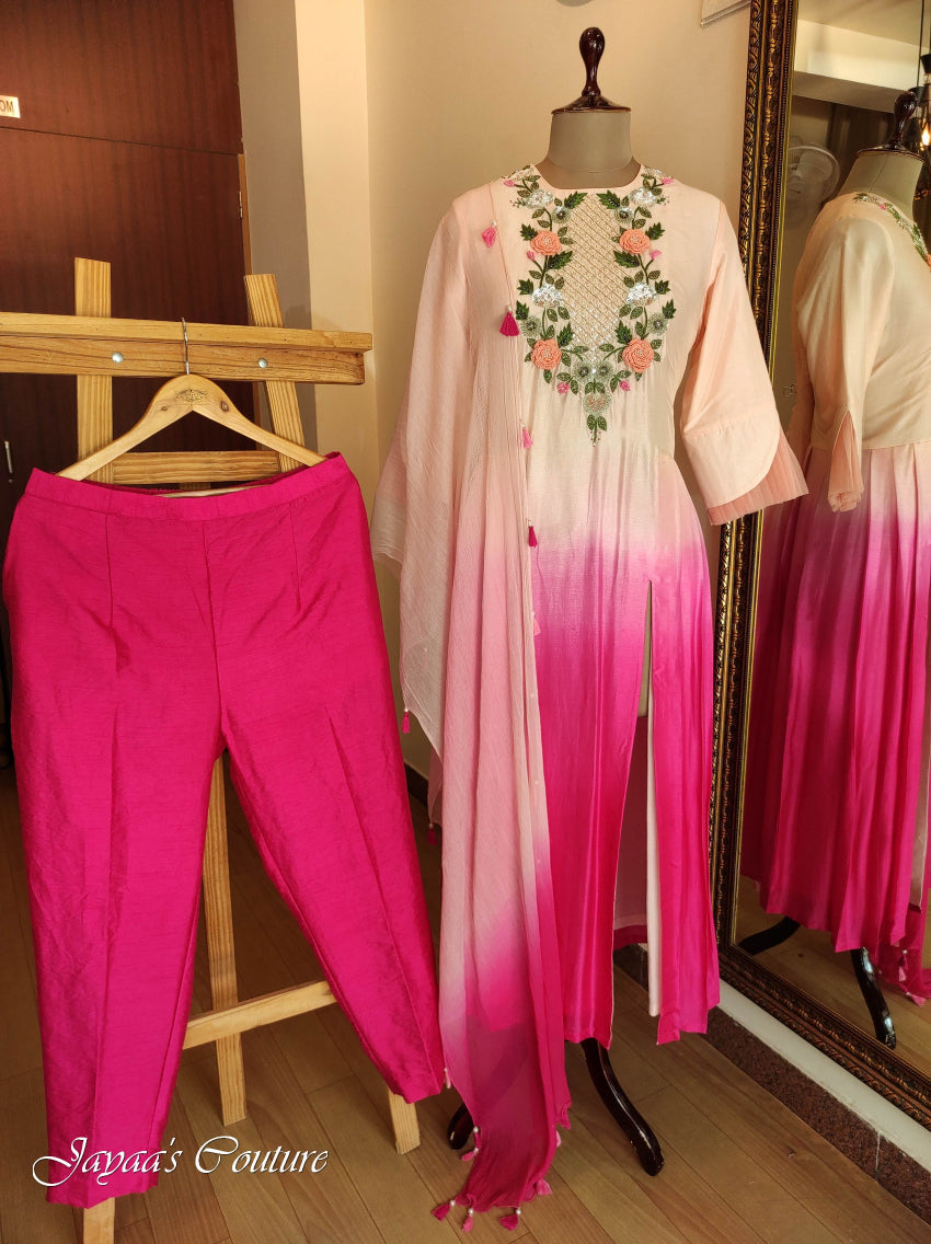 Blush pink ombre shaded kurta pant with dupatta
