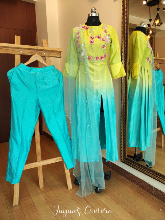 Liril green to sky blue shied kurta pants & dupatta