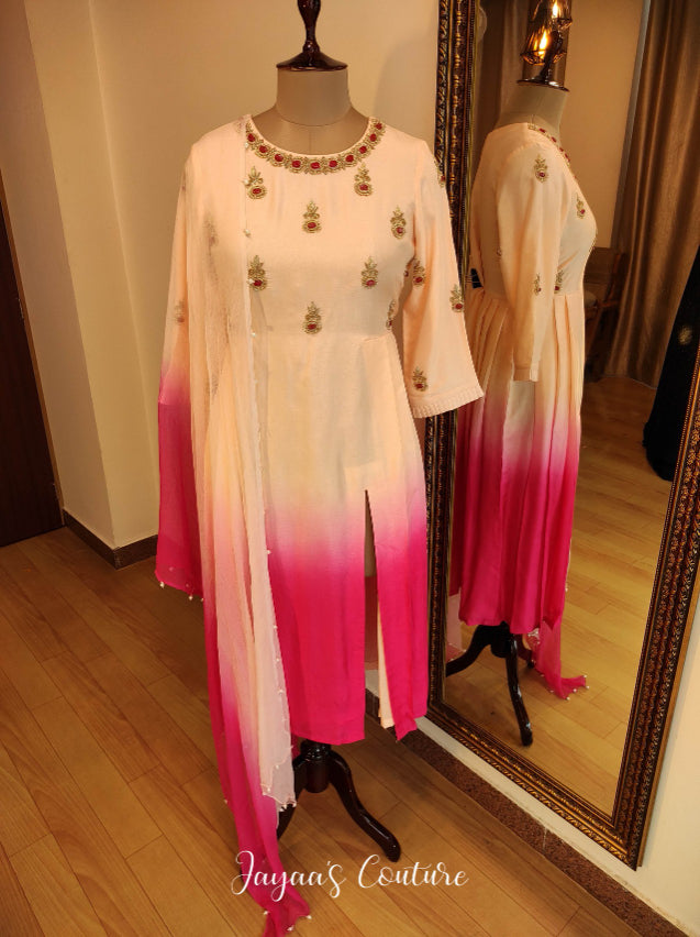 Peach dark pink Ombre gown with dupatta