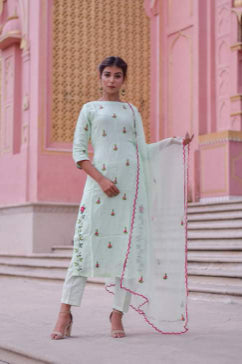 Pista green kurta pants dupatta set