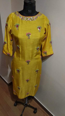 yellow bud work kurta pant set