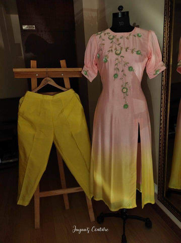 Peach yellow shaded kurta pants set