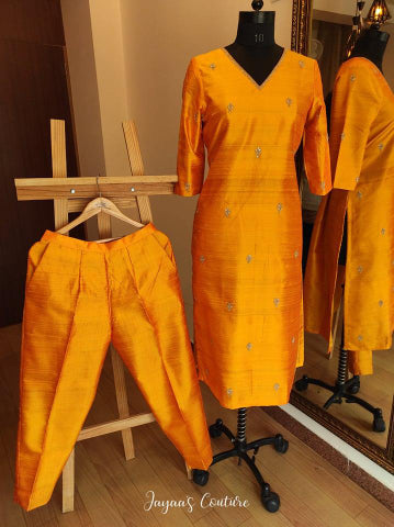 Orange Embroidered Kurta pant set