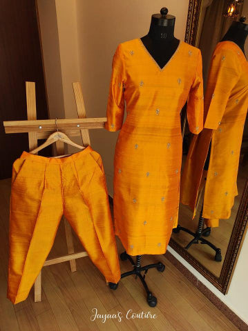 Orange Embroidered Kurta pant set