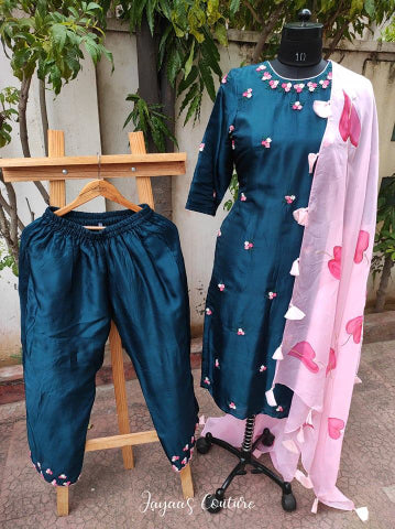 Peacock blue kurta and cullotes with pink dupatta