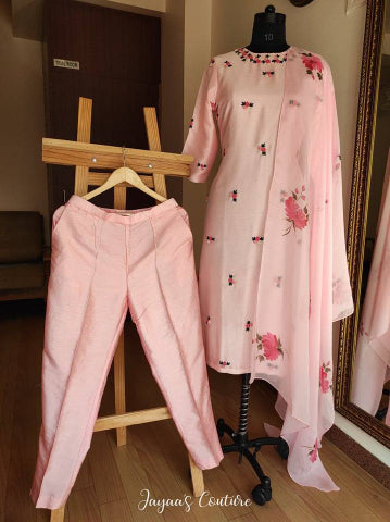Baby Pink Thread Work Kurta Pant Set with Hand Painted Dupatta