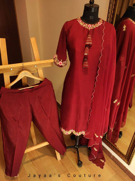 Deep red kurta pants and dupatta