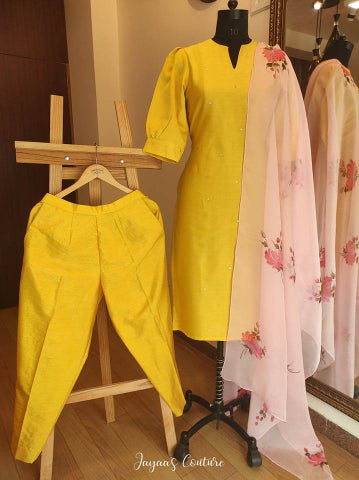 Yellow kurta pants with Hand Painted Dupatta