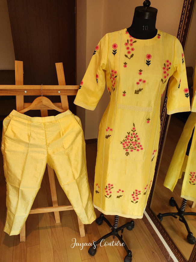Lemon Yellow Embroidered Kurta Pants set