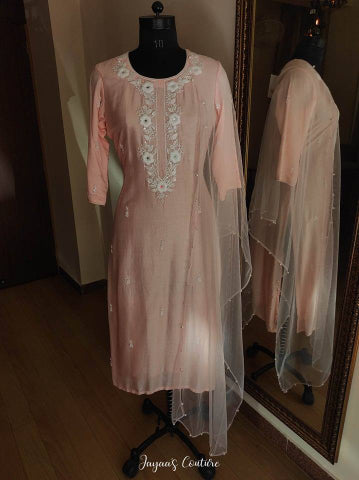 Peachish Pink kurta Pants with net Dupatta