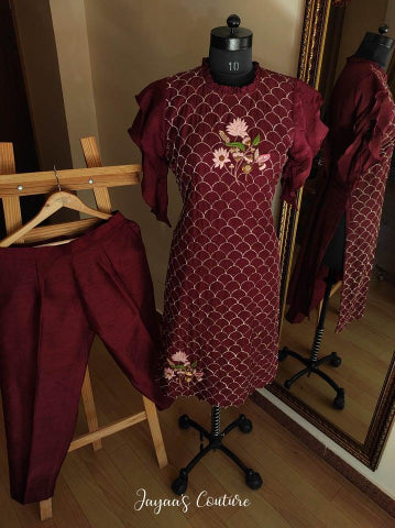 Maroon Embroidered Kurta Pants set