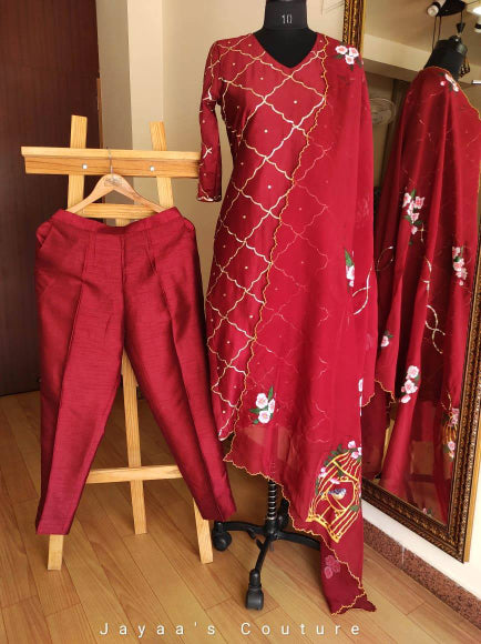 Marron kurta pants with hand painted dupatta