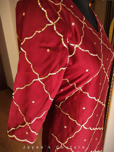 Marron kurta pants with hand painted dupatta