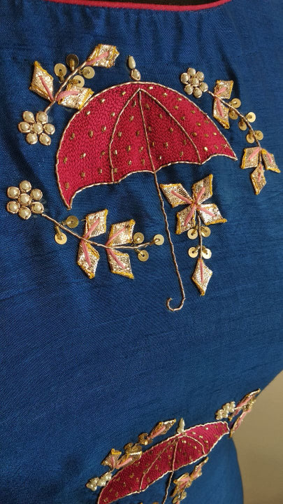 Peacock Blue Umbrella Work Kurta Pants Set.