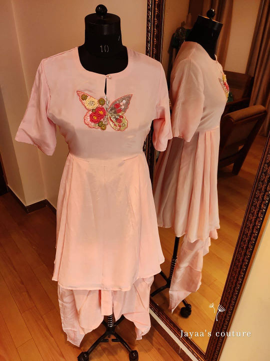 Blush pink hand embroidered tunic with tulip pants