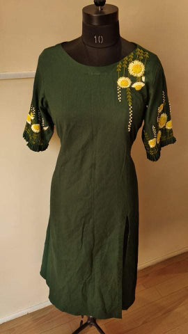 Bottle green sunflower kurta pants