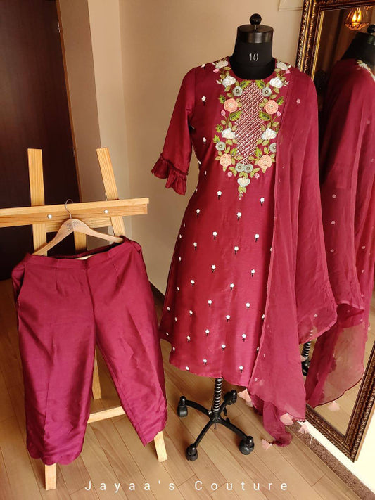 Marron 3d work kurta and culottes