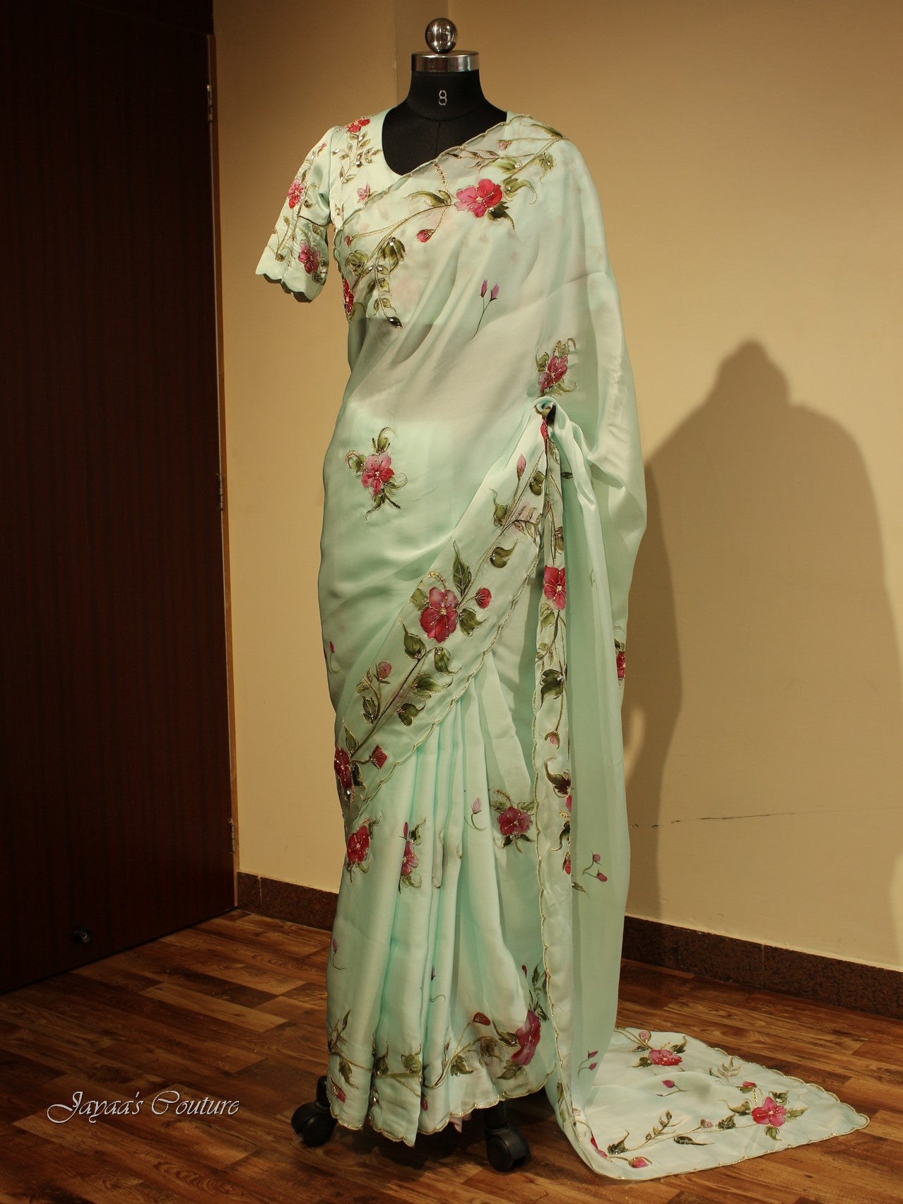 Pastel sea green hand painted saree with blouse