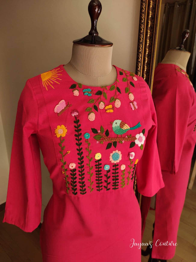 Pink bird Embroidered kurta with pants