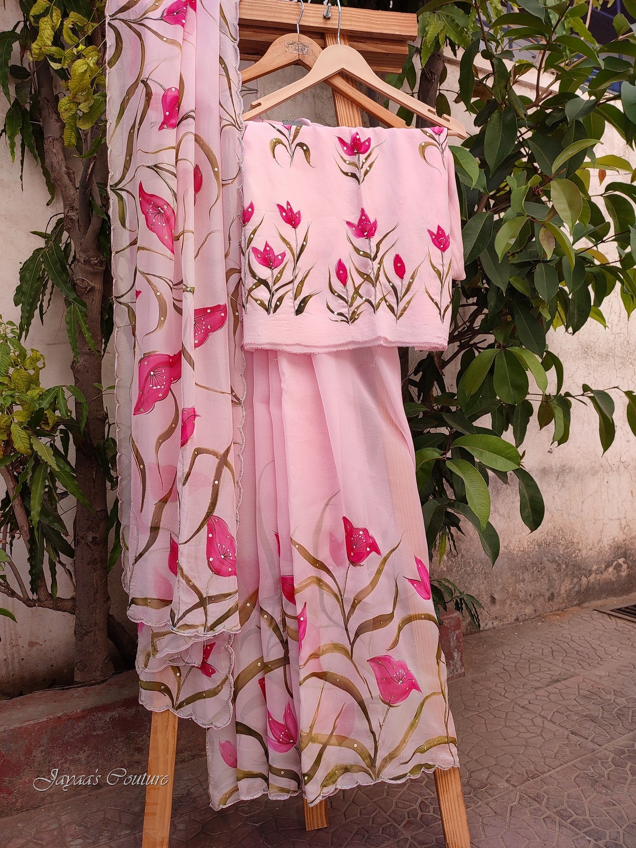 blush pink hand painted organza saree