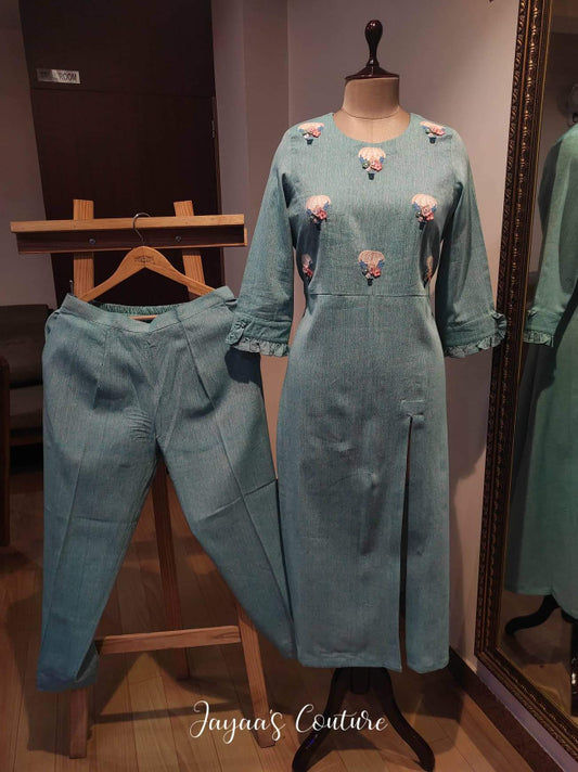 Greyish Blue long kurta with pants