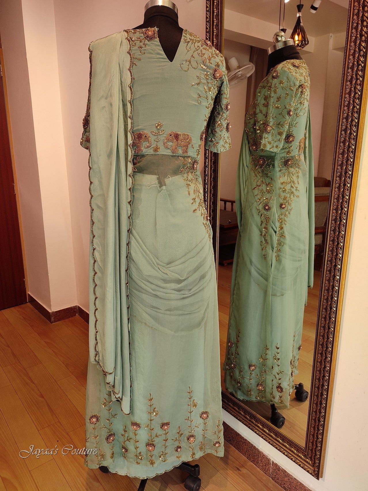 Dusty green drape saree with long blouse