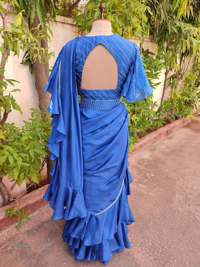 Royal blue draped saree with blouse & belt